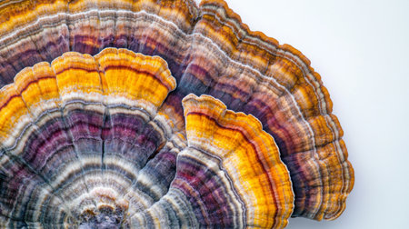 Close-up of the vibrant colors and patterns of turkey tail mushrooms, set on a white background.の素材