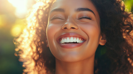 Beautiful woman laughing, with a close-up on her shining teeth, outdoors.の素材
