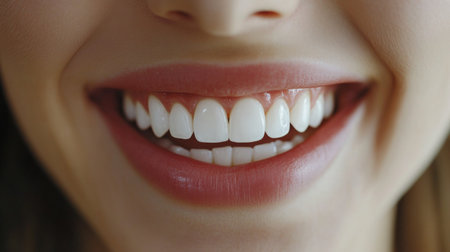 Close-up of a woman mouth, smiling and revealing her beautiful, straight teeth.の素材