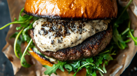 Close-up top view of a truffle burger with a generous layer of truffle mayo and fresh arugula.の素材