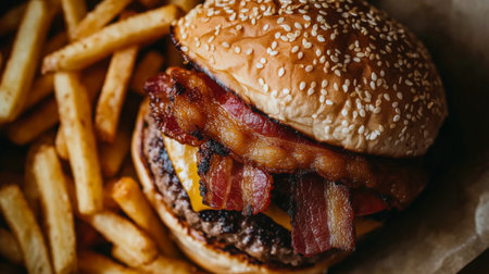 Close-up top view of a truffle burger with crispy bacon and a sesame seed bun, served with fries.の素材