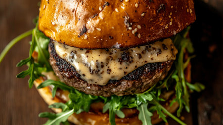 Close-up top view of a truffle burger with a generous layer of truffle mayo and fresh arugula.の素材