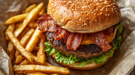 Close-up top view of a truffle burger with crispy bacon and a sesame seed bun, served with fries.の素材