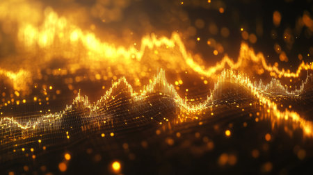 Detailed view of a gold market graph with fluctuating lines on a dark background.の素材