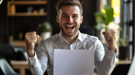 Excited young businessman holding a contract, about to sign a new partnership deal.の素材