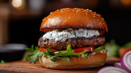 Gourmet lamb burger with feta cheese and tzatziki, placed on a wooden cutting board.の素材