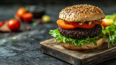 Delicious vegan burger with a black bean patty and fresh vegetables, on a rustic board.の素材