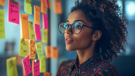 Entrepreneur brainstorming ideas with sticky notes on a wall, looking enthusiastic.の素材