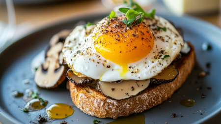 Fresh truffle mushrooms shaved over a poached egg on toast, with vibrant colorsの素材