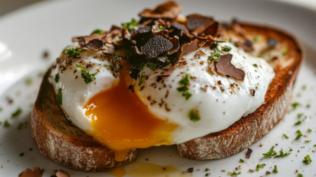 Fresh truffle mushrooms shaved over a poached egg on toast, with vibrant colors and a white backgroundの素材