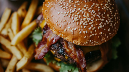 Close-up top view of a truffle burger with crispy bacon and a sesame seed bun, served with fries.の素材