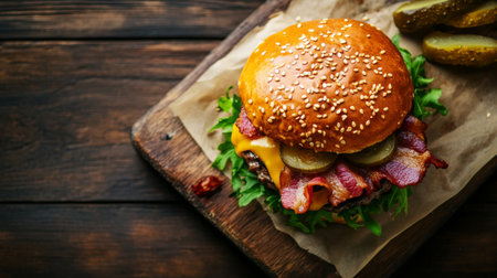 Gourmet burger with bacon, cheese, and pickles, shot from above on a rustic cutting board.の素材