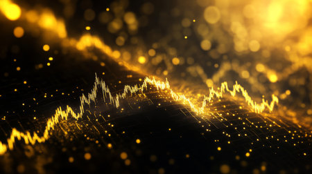 Detailed view of a gold market graph with fluctuating lines on a dark background.の素材