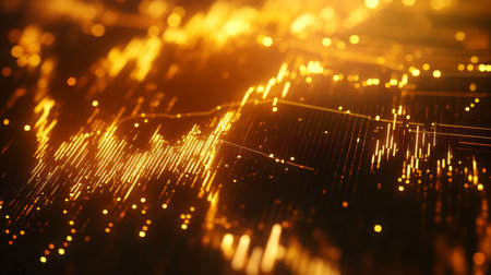 High-resolution close-up of a gold market chart with various trend lines and data points.の素材