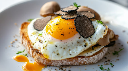 Fresh truffle mushrooms shaved over a poached egg on toast, with vibrant colors and a white backgroundの素材