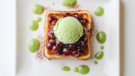 Honey toast topped with a scoop of matcha ice cream and red bean paste, photographed from above on a white background.の素材