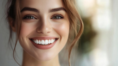 Happy woman with perfect teeth smiling brightly in a professional setting.の素材