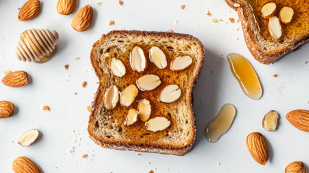Honey toast garnished with sliced almonds and a drizzle of honey, photographed from above on a white background.の素材