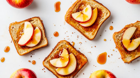 Honey toast with caramel drizzle and sliced apples, photographed from above on a white background.の素材