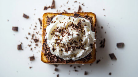 Honey toast topped with whipped cream and chocolate shavings, photographed from above on a white backgroundの素材