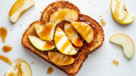 Honey toast with caramel drizzle and sliced apples, photographed from above on a white background.の素材