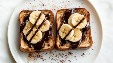Honey toast with a drizzle of chocolate sauce and fresh banana slices, photographed from above on a white background.の素材