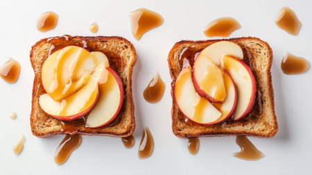 Honey toast with caramel drizzle and sliced apples, photographed from above on a white background.の素材