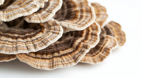 Organic turkey tail mushrooms with a focus on their concentric ring patterns, isolated on a white background.の素材
