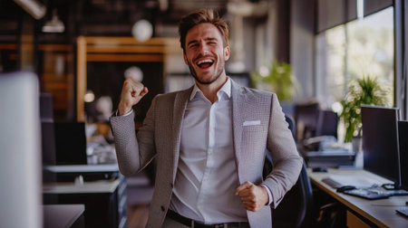Newly established businessman celebrating a successful deal with a fist pump in the office.の素材