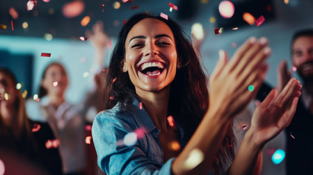 New entrepreneur celebrating a milestone with a small team, all smiling and clapping.の素材