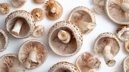 Matsutake mushrooms displayed in a spiral pattern, emphasizing their natural beauty on a white background.の素材