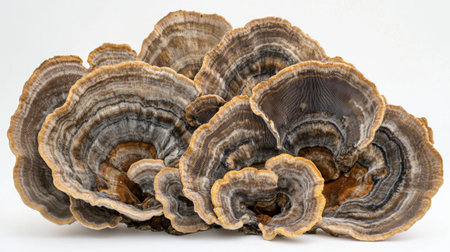 Organic turkey tail mushrooms in a natural arrangement, showing their detailed caps on a white background.の素材