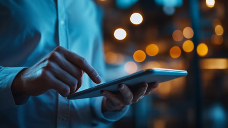 Newly launched business owner holding a tablet, explaining a project to a colleague.の素材