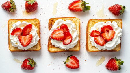 Close-up top view of honey toast with fresh strawberries and whipped cream, isolated on a white background.の素材