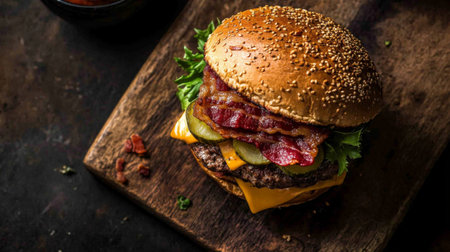 Gourmet burger with bacon, cheese, and pickles, shot from above on a rustic cutting board.の素材