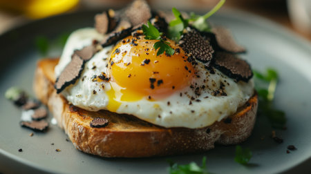 Fresh truffle mushrooms shaved over a poached egg on toast, with vibrant colorsの素材