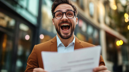 Excited young businessman holding a contract, about to sign a new partnership deal.の素材