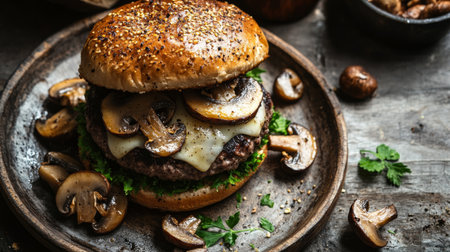 Top view of a truffle burger with Swiss cheese mushrooms on a rustic plate.の素材