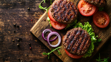 Top view of a burger with fresh tomato slices and red onion rings, on a wooden board.の素材