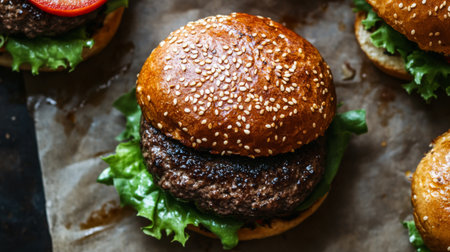 Top view of a classic truffle burger with lettuce, tomato, and a toasted sesame seed bun.の素材