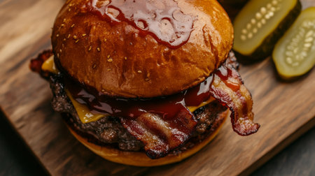 Top view of a bacon cheeseburger with BBQ sauce and a side of pickles on a wooden board.の素材