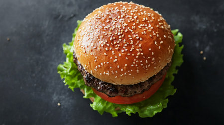 Top view of a classic truffle burger with lettuce, tomato, and a toasted sesame seed bun.の素材