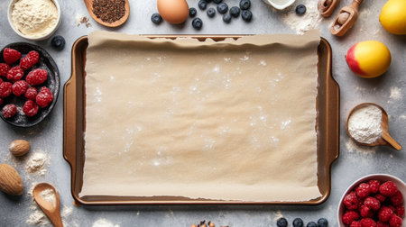 Top view of a baking sheet with parchment paper, providing ample space for recipe writing.の素材