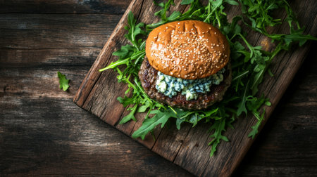 Top view of a gourmet burger with blue cheese and arugula, served on a rustic wooden board.の素材