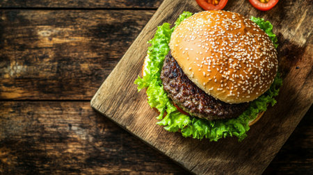 Top view of a juicy cheeseburger with lettuce, tomato, and a sesame bun on a wooden board.の素材