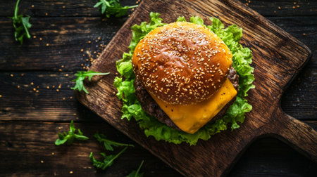 Top view of a gourmet truffle burger with melted cheese and fresh lettuce on a wooden board.の素材