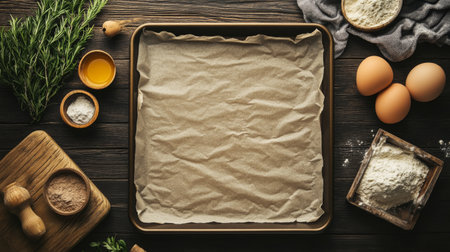 Top view of a baking sheet with parchment paper, providing ample space for recipe writing.の素材
