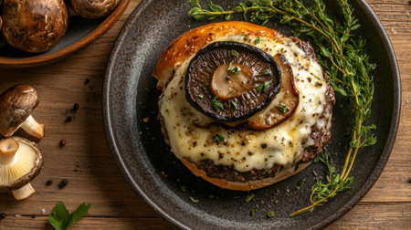 Top view of a truffle burger with portobello mushrooms and melted provolone cheese, on a rustic plateの素材
