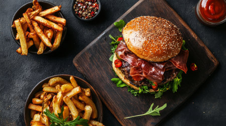 Top view of a gourmet truffle burger with crispy prosciutto and a soft pretzel bun, served with a side of fries.の素材