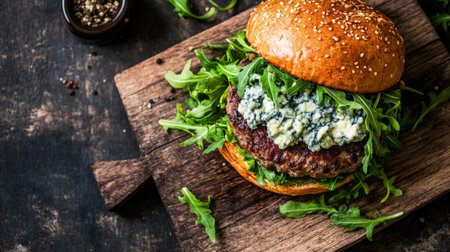 Top view of a gourmet burger with blue cheese and arugula, served on a rustic wooden board.の素材